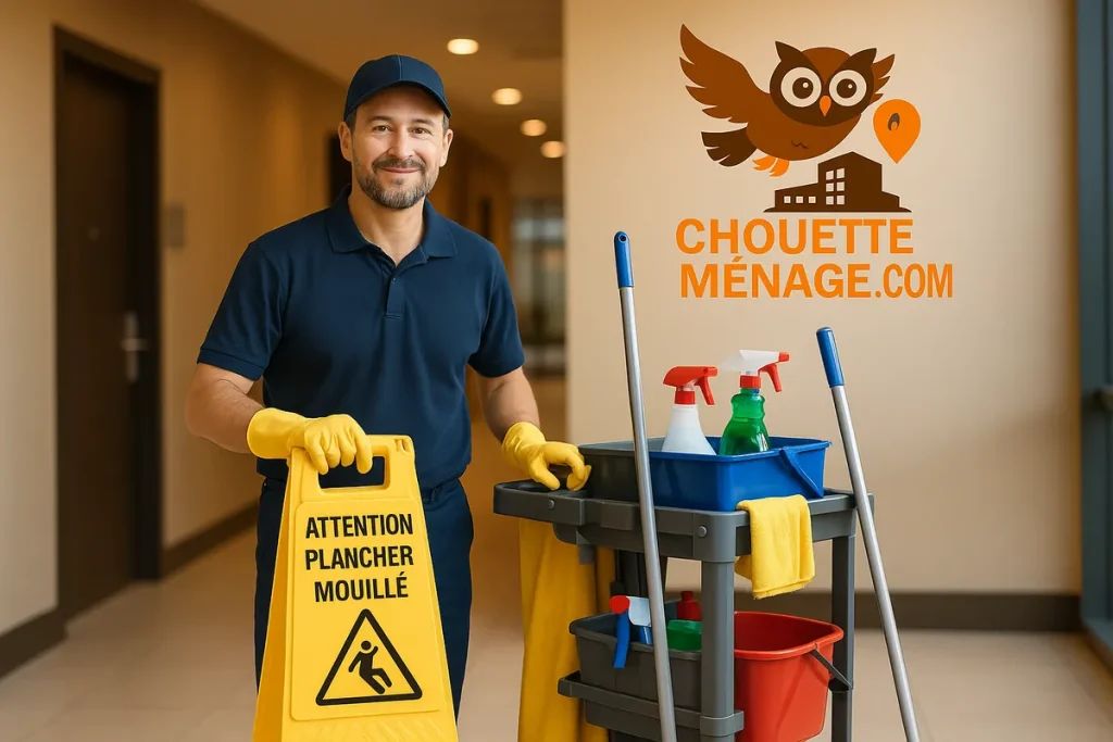 Préposé à l’entretien ménager commercial avec chariot de nettoyage et panneau “Attention plancher mouillé”, logo Chouette-Ménage.com au mur