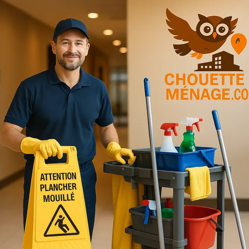 Préposé à l’entretien ménager commercial avec chariot de nettoyage et panneau “Attention plancher mouillé”, logo Chouette-Ménage.com au mur
