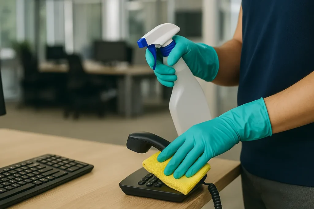 Désinfection de poste de travail avec Actif 3000 par Chouette-Ménage MS Inc. : téléphone et clavier d’ordinateur nettoyés dans un bureau à Québec