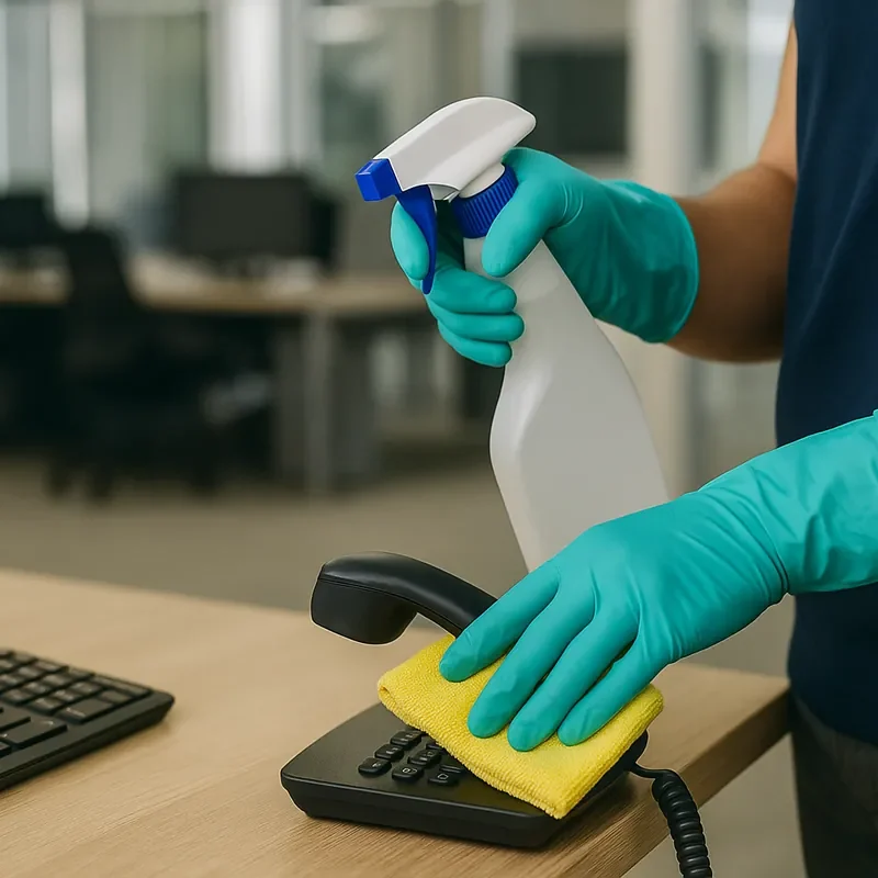 Désinfection de poste de travail avec Actif 3000 par Chouette-Ménage MS Inc. : téléphone et clavier d’ordinateur nettoyés dans un bureau à Québec