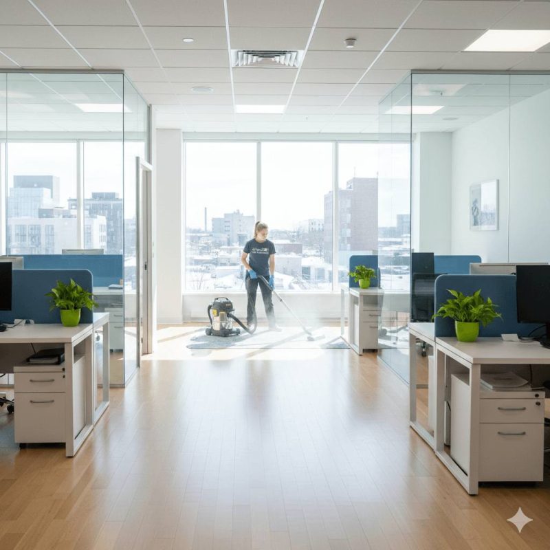 Équipe de Chouette-Ménage effectuant le nettoyage de bureaux professionnels à Québec pour améliorer la qualité de l'air.