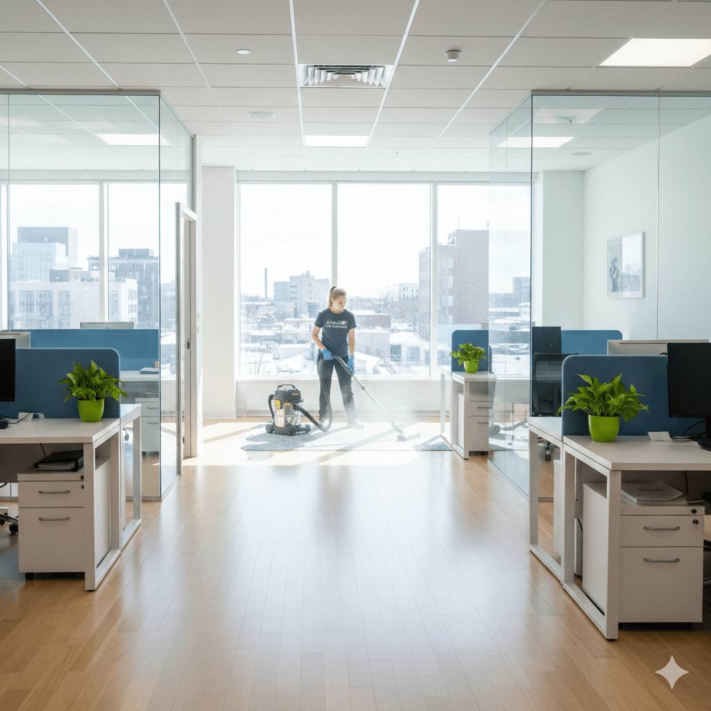 Équipe de Chouette-Ménage effectuant le nettoyage de bureaux professionnels à Québec pour améliorer la qualité de l'air.