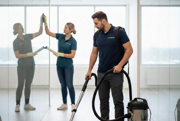 Équipe de nettoyage Chouette-Ménage dans un bureau à Québec.
