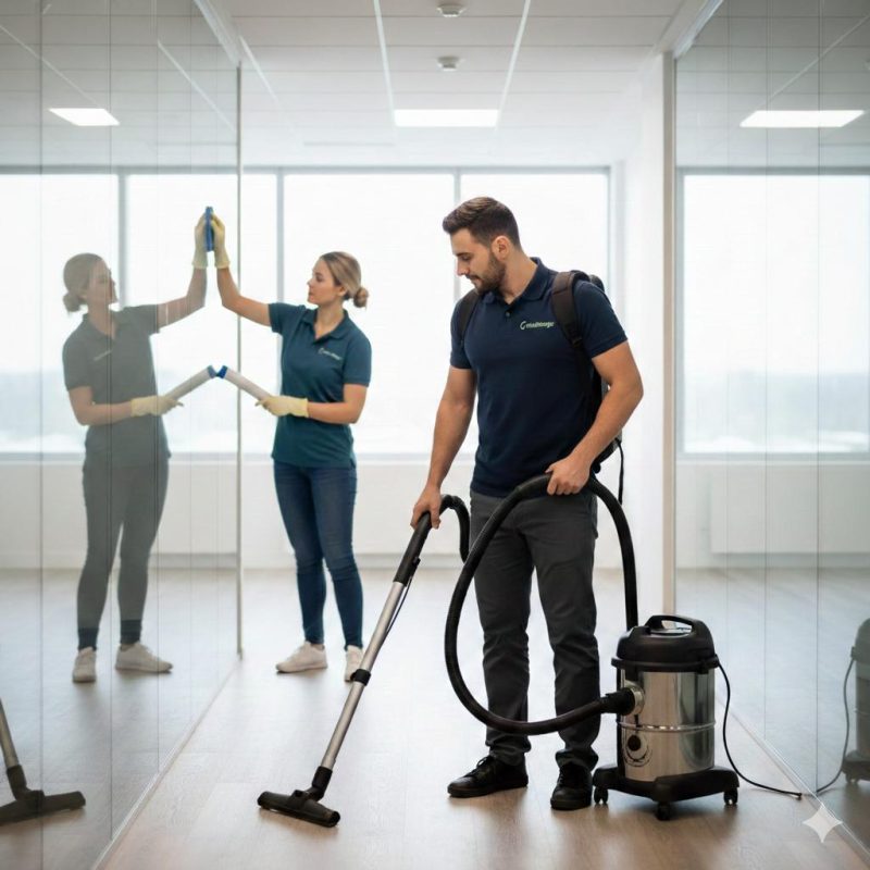 Équipe de nettoyage Chouette-Ménage dans un bureau à Québec.