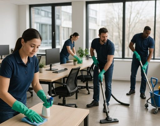 Entretien ménager commercial au printemps dans des bureaux professionnels propres et lumineux