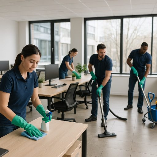 Entretien ménager commercial au printemps dans des bureaux professionnels propres et lumineux