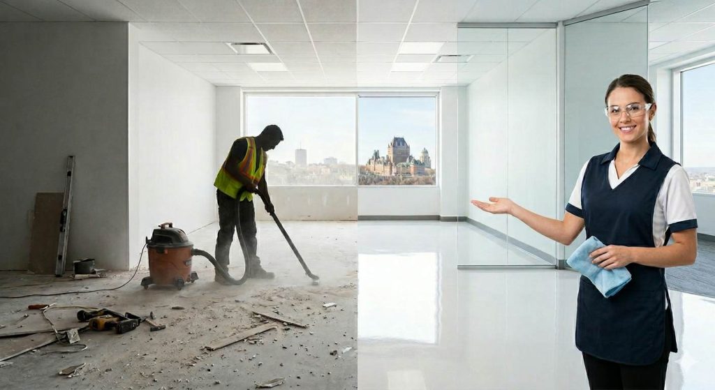 Transformation avant-après d'un nettoyage après construction à Québec pour des bureaux commerciaux.