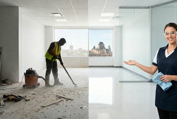 Transformation avant-après d'un nettoyage après construction à Québec pour des bureaux commerciaux.