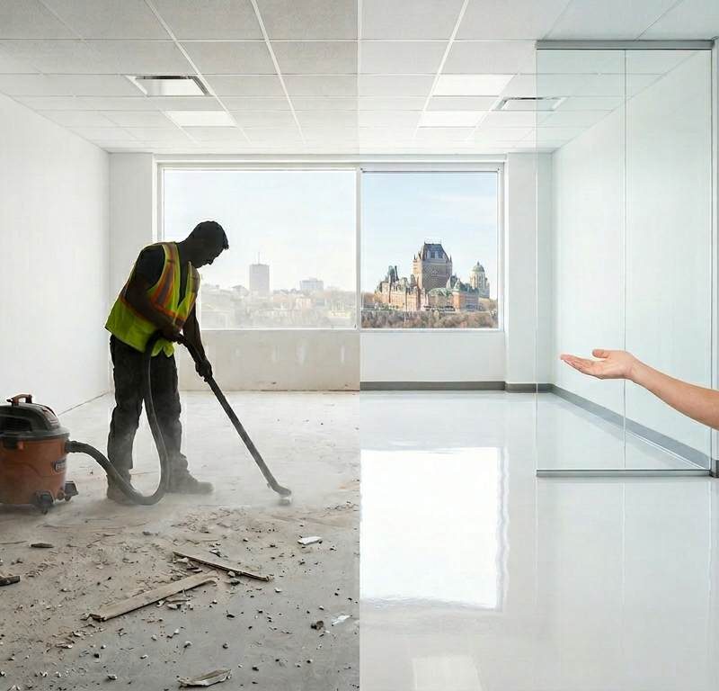 Transformation avant-après d'un nettoyage après construction à Québec pour des bureaux commerciaux.