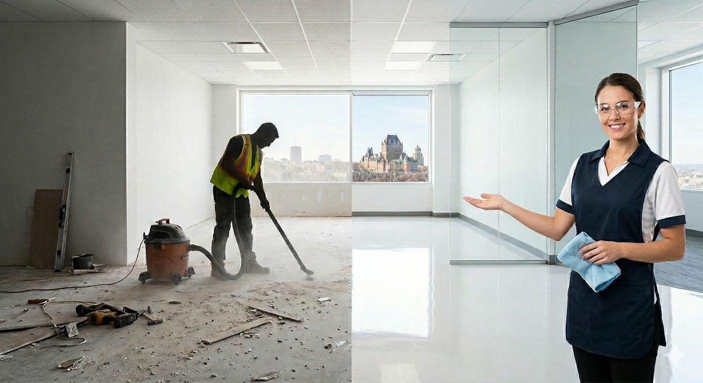 Transformation avant-après d'un nettoyage après construction à Québec pour des bureaux commerciaux.
