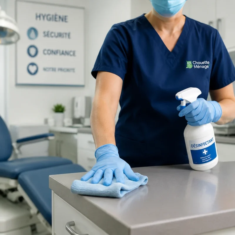 Employée d’entretien ménager désinfectant une surface dans une clinique médicale à Québec avec des produits professionnels de nettoyage.