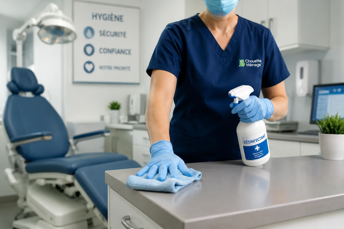 Employée d’entretien ménager désinfectant une surface dans une clinique médicale à Québec avec des produits professionnels de nettoyage.
