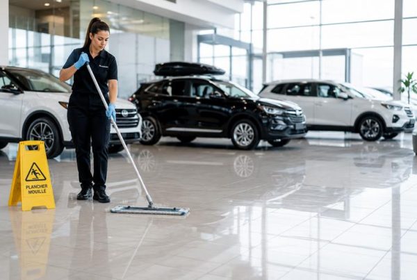 Entretien ménager professionnel dans une salle de montre de concessionnaire automobile à Québec avec planchers impeccables.