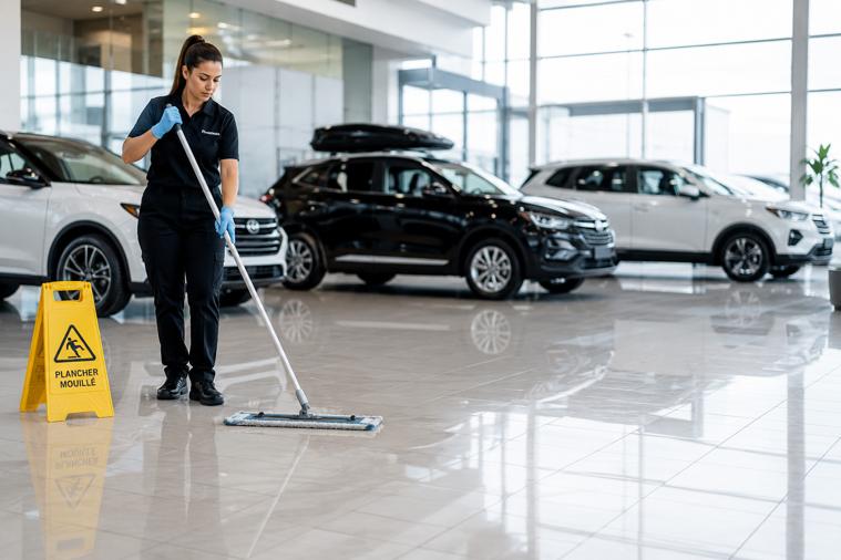 Entretien ménager professionnel dans une salle de montre de concessionnaire automobile à Québec avec planchers impeccables.