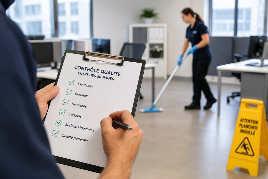 Inspection de contrôle qualité en entretien ménager commercial dans des bureaux à Québec avec liste de vérification et nettoyage professionnel.