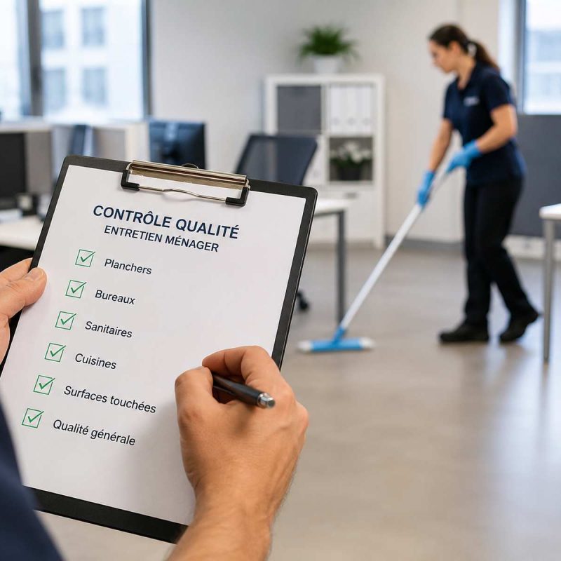 Inspection de contrôle qualité en entretien ménager commercial dans des bureaux à Québec avec liste de vérification et nettoyage professionnel.