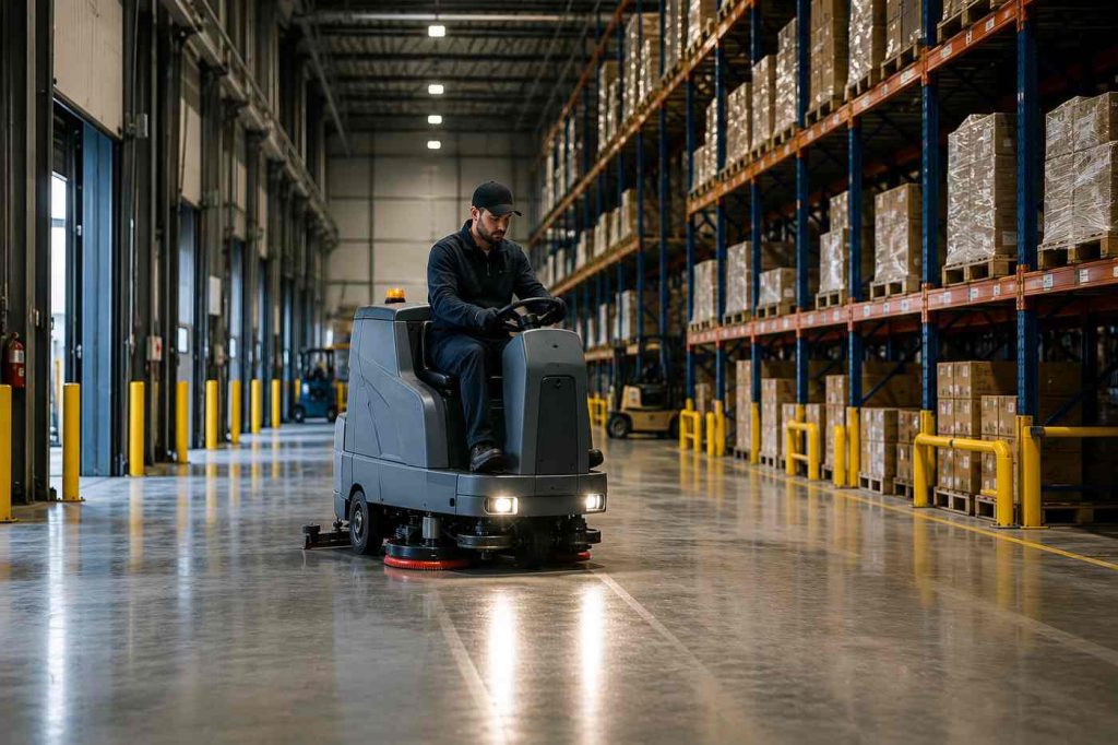 Nettoyage d'un entrepôt industriel avec une autolaveuse professionnelle dans un centre de distribution à Québec.