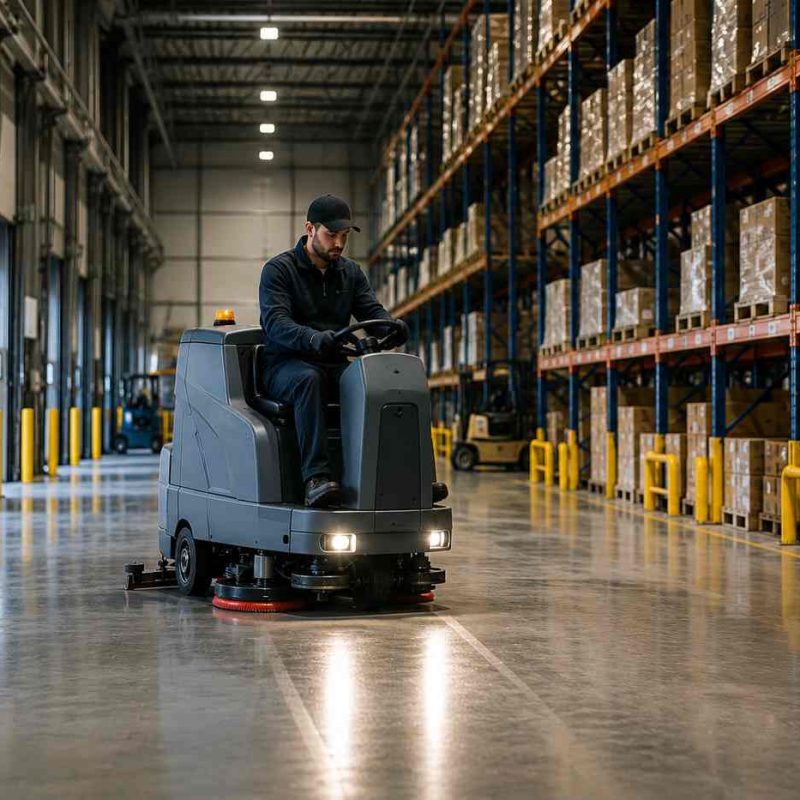 Nettoyage d'un entrepôt industriel avec une autolaveuse professionnelle dans un centre de distribution à Québec.