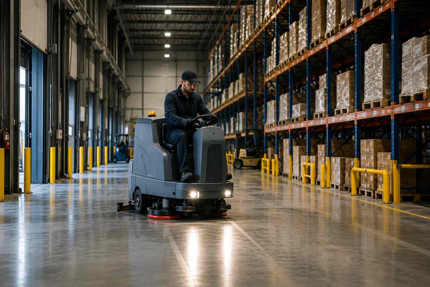 Nettoyage d'un entrepôt industriel avec une autolaveuse professionnelle dans un centre de distribution à Québec.