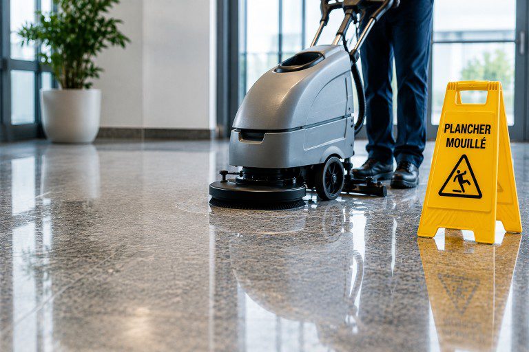 Entretien professionnel de planchers commerciaux dans un immeuble à Québec avec équipement spécialisé pour préserver les surfaces.