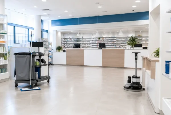 Intérieur propre d’une pharmacie à Québec avec équipement professionnel d’entretien ménager