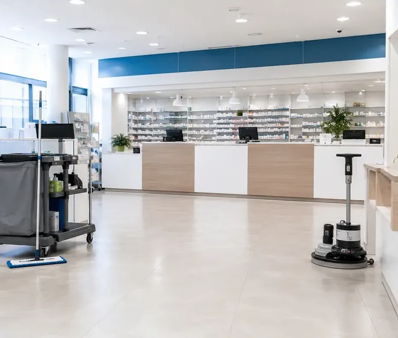 Intérieur propre d’une pharmacie à Québec avec équipement professionnel d’entretien ménager