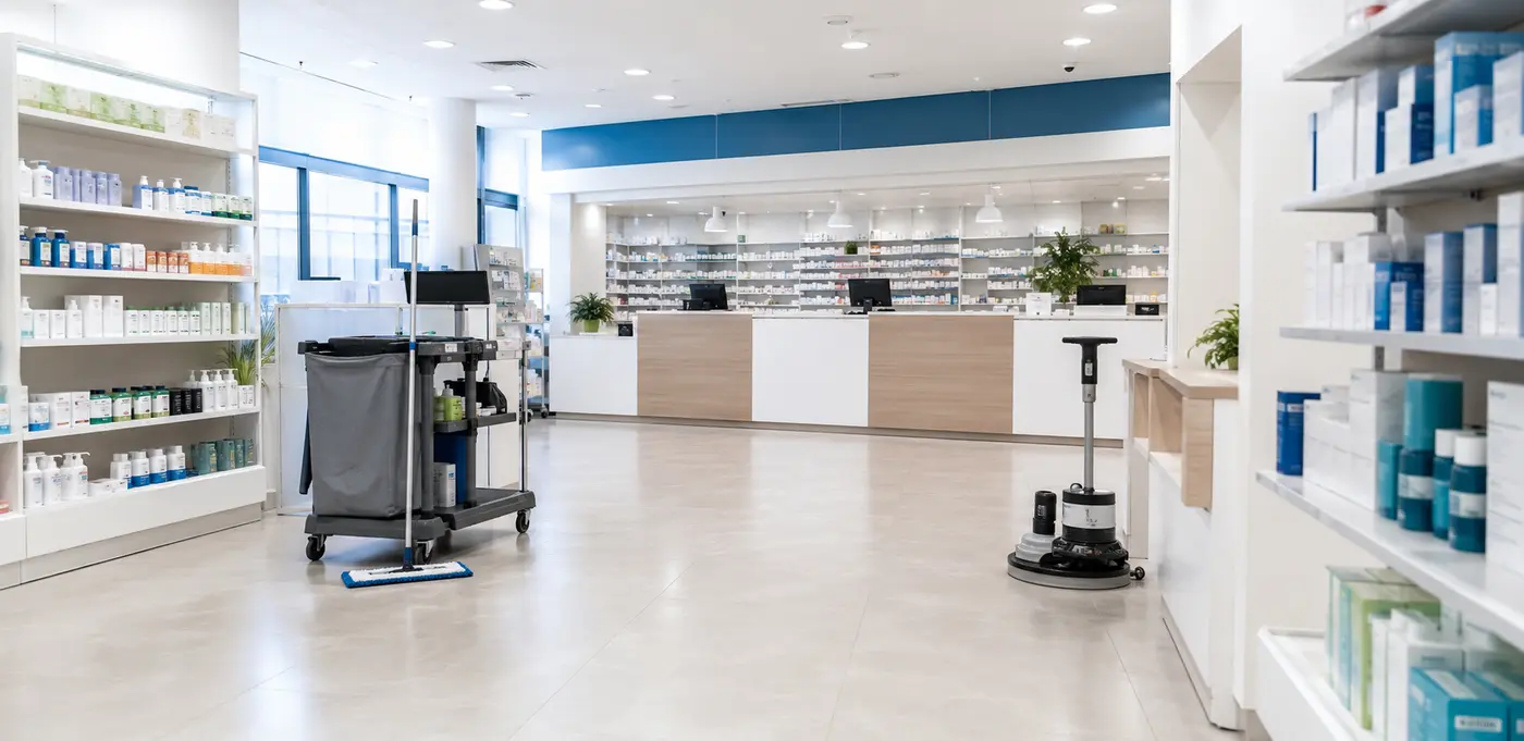 Intérieur propre d’une pharmacie à Québec avec équipement professionnel d’entretien ménager