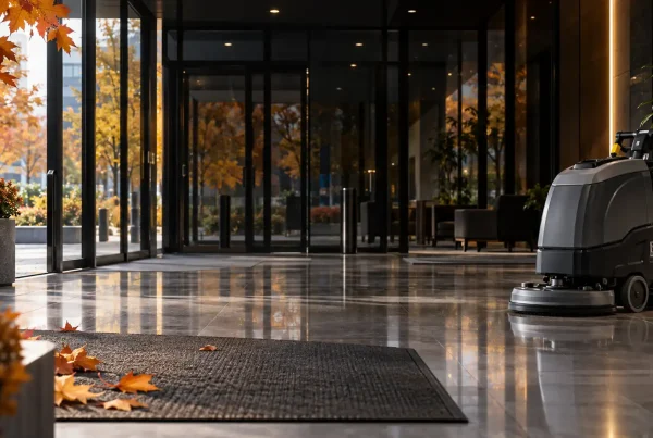 Hall d’entrée commercial propre en automne avec une autolaveuse professionnelle