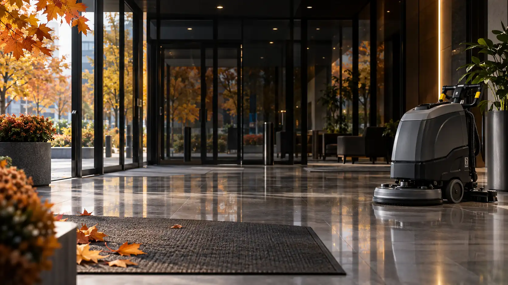Hall d’entrée commercial propre en automne avec une autolaveuse professionnelle