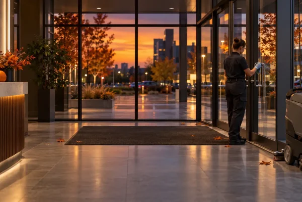 Employée d’entretien nettoyant l’entrée d’un bureau décoré sobrement pour l’automne à Québec