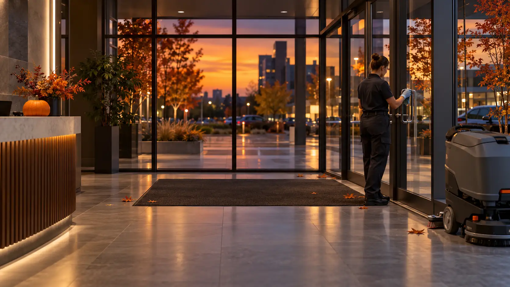 Employée d’entretien nettoyant l’entrée d’un bureau décoré sobrement pour l’automne à Québec