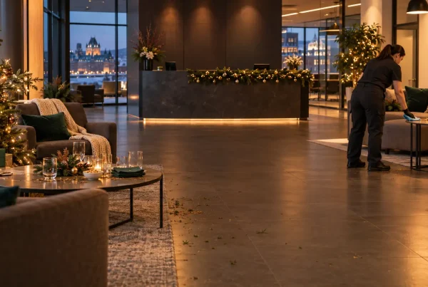 Préposée à l’entretien nettoyant un bureau décoré après un party des Fêtes à Québec